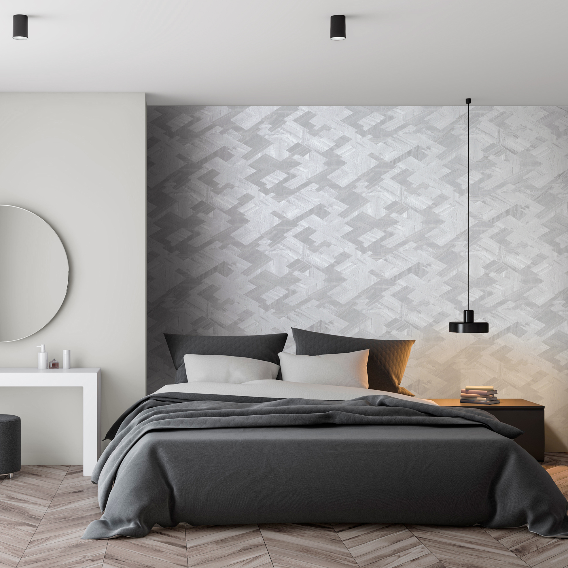 Erschaffen sie ein geusndes Ambiente in ihren Schlafzimmer mit den Grau-Silbernen Vliestapeten von Hohenberger in großem Format