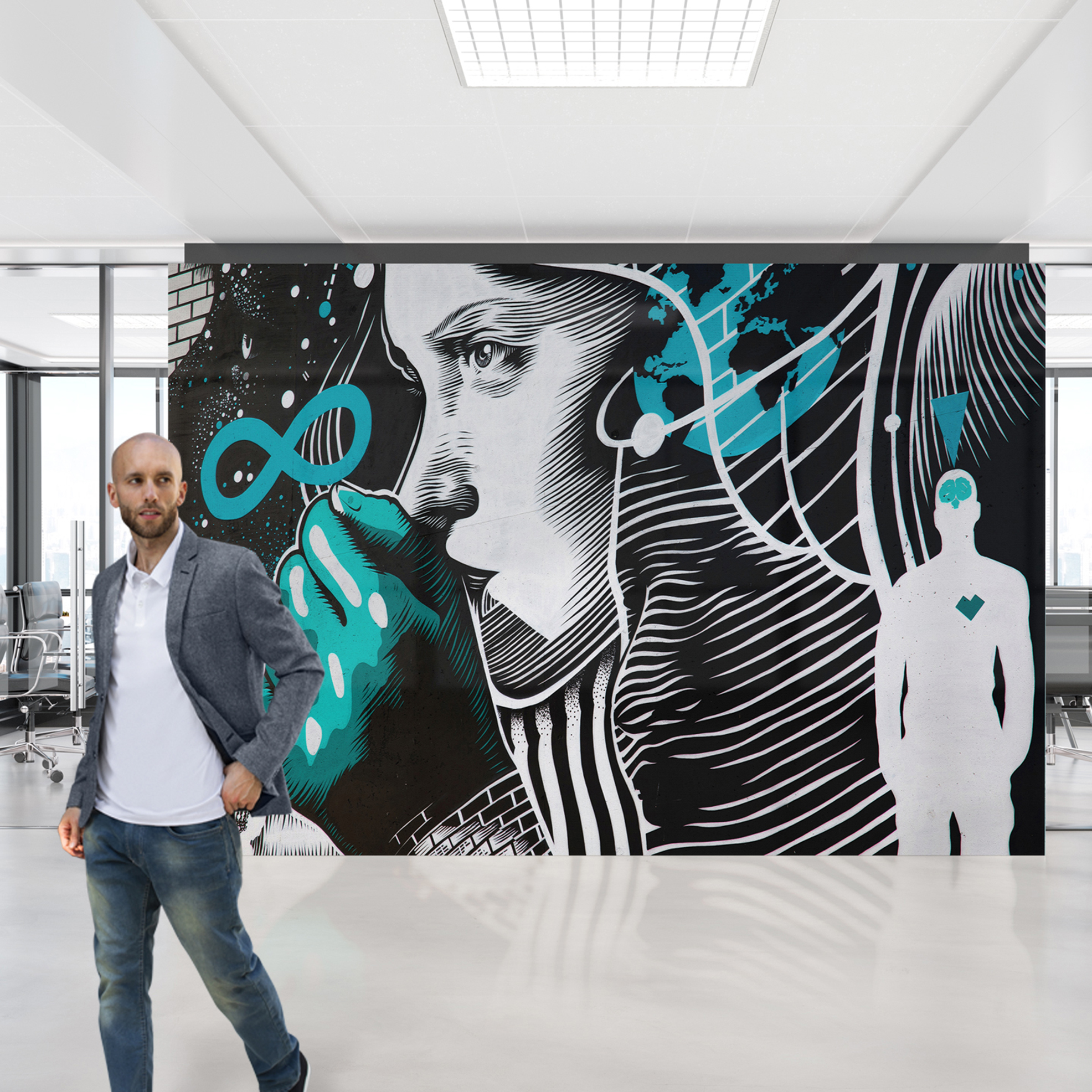 Egal ob in der Lobby oder im Office, schafft es dieses Wandbild der Tapeten Manufaktur Hohenberger, dass sich Innovation mit nachhaltiger Produktion kombinieren lässt.