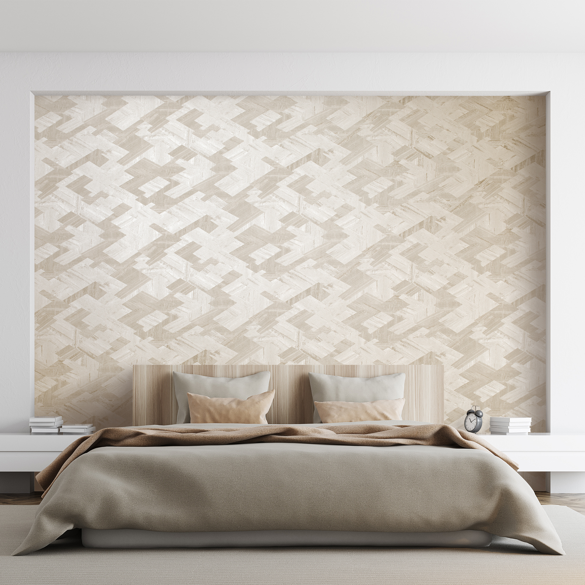 Die abstrakten geometrischen Tapeten in Creme sind frei von Weichmachern und fördern ihrem Wohnzimmer gesundes Wohnen