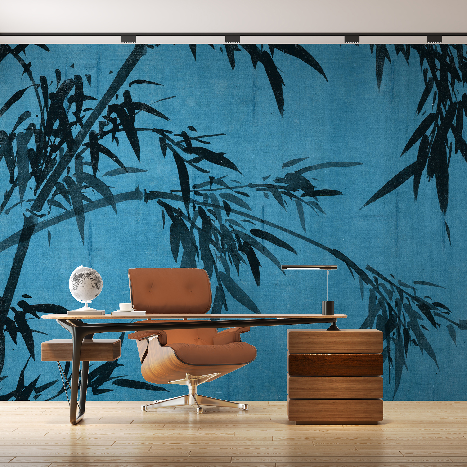 Das dekorative Wandbild mit blauem Bambus überzeugt auch durch das große Format von 270 x 350cm und die die wohngesunde Qualität von Hohenberger